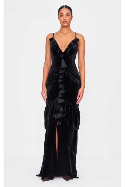 Висока чорна оксамитова сукня максі з оборками Висока чорна оксамитова сукня максі з оборками