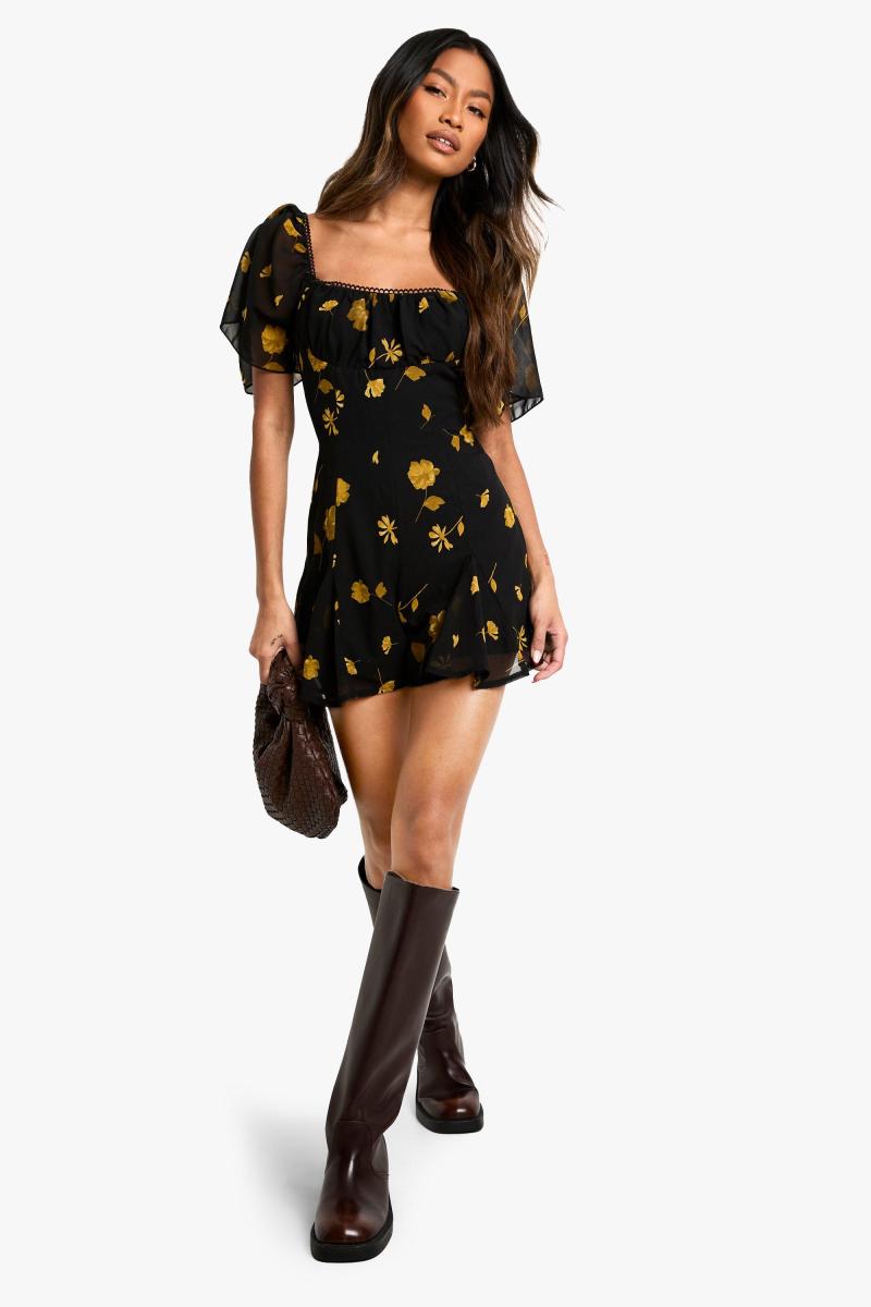 Квіткова друкована доярка Godet Hem Playsuit