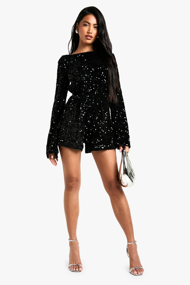 Оксамитовий комбінезон з розкльошеними рукавами з паєтками