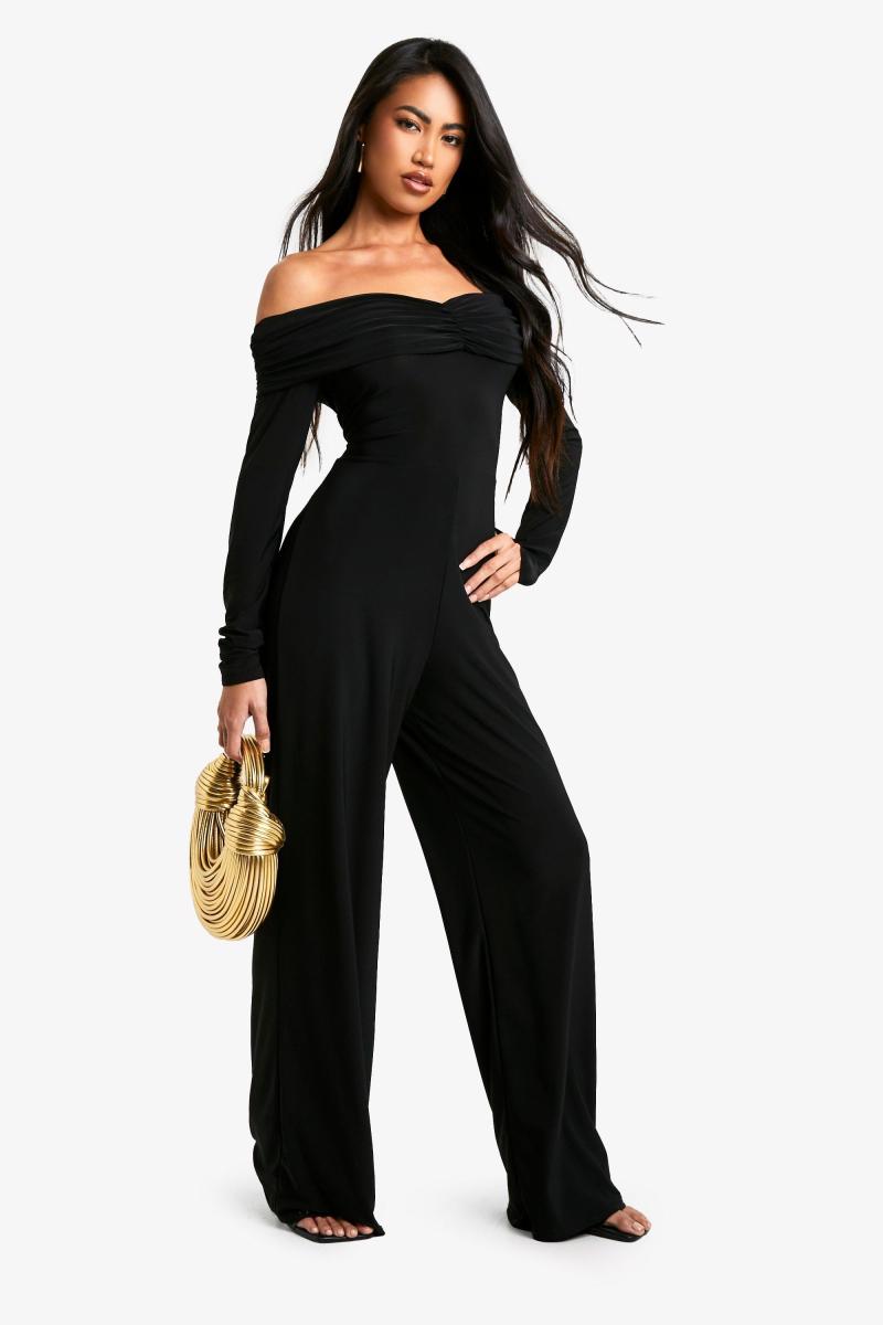 Широкий комбінезон Bardot з глибокими рюшами