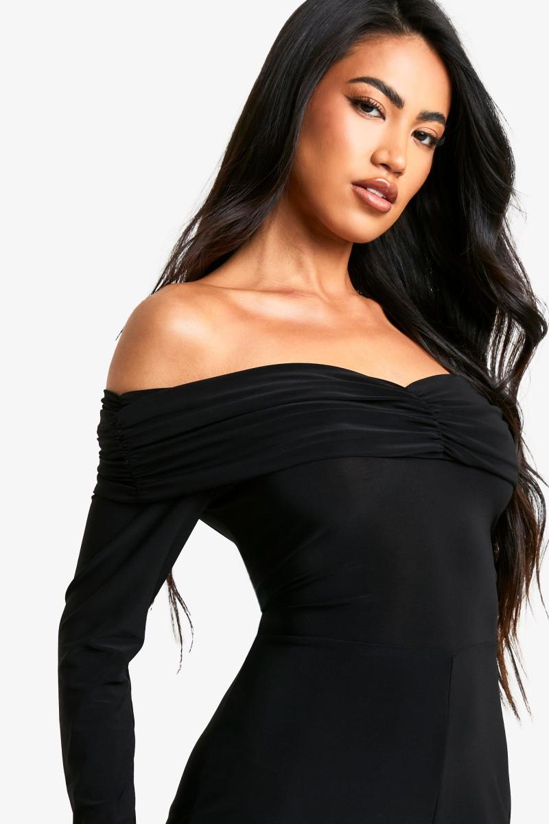 Широкий комбінезон Bardot з глибокими рюшами