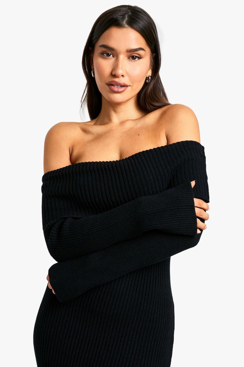 Висока трикотажна максі-сукня в рубчик Bardot