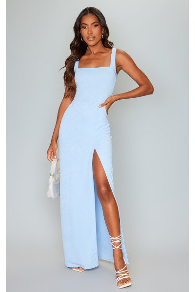 Світло -блакитна пряма шия максі плаття