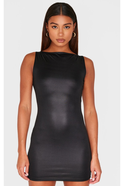 Чорна фольгована міні-сукня з круглим вирізом Чорна фольгована міні-сукня з круглим вирізом