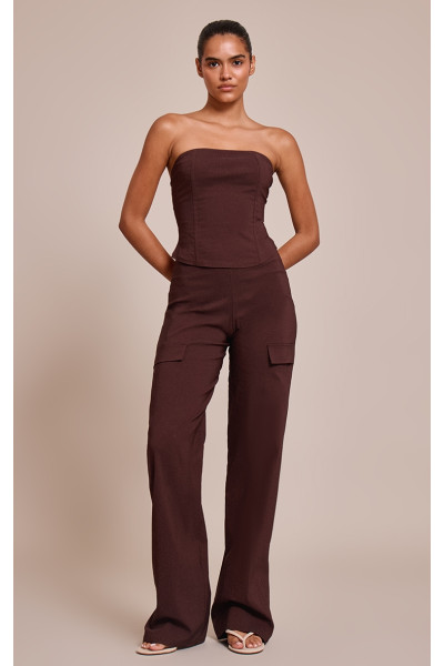 Темно -коричнева розтяжка ткані прямі ноги штани