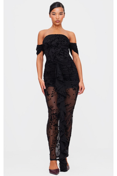Чорна максі-сукня Devore з квітковим корсетом і оборками Чорна максі-сукня Devore з квітковим корсетом і оборками