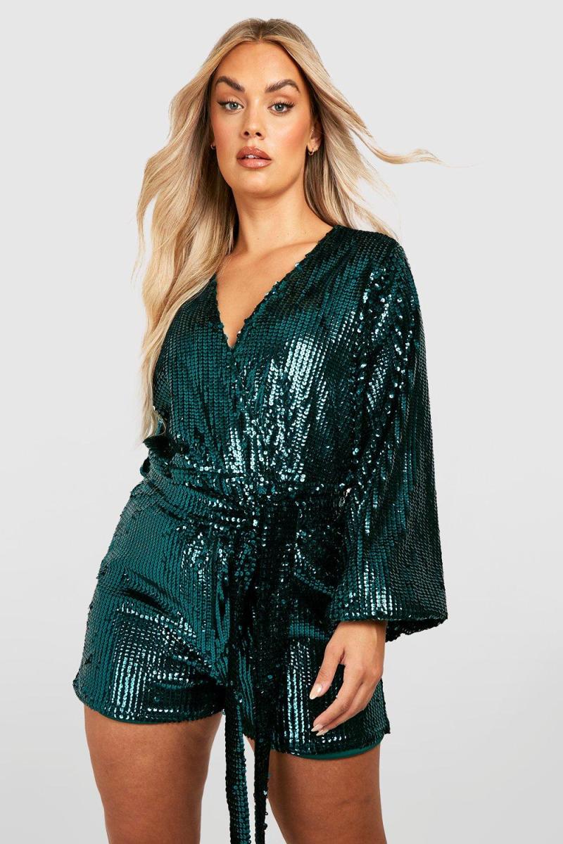 Плюс оксамитовий комбінезон з паєтками на талії