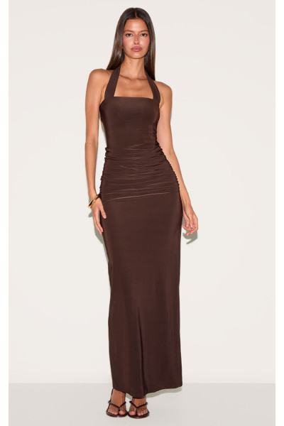 Шоколадний подвійний шар слизький квадратний халтернек деталей драпірування максі плаття